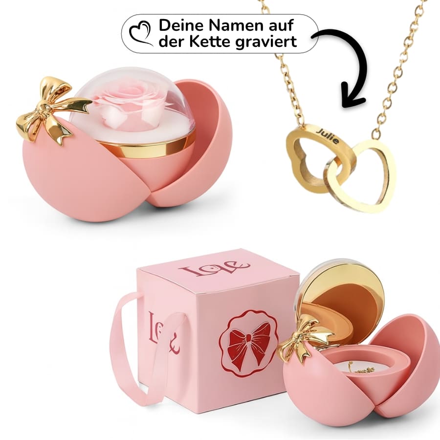 Ewige Rose in Kugelbox – Doppelherz-Halskette mit persönlicher Gravur