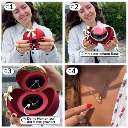 Ewige Rose in Kugelbox – Doppelherz-Halskette mit persönlicher Gravur
